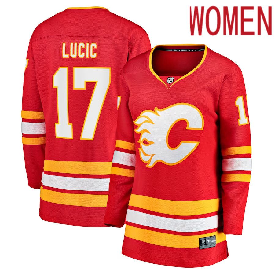 Women Calgary Flames #17 Milan Lucic Fanatics Branded Red Home Breakaway Player NHL Jersey